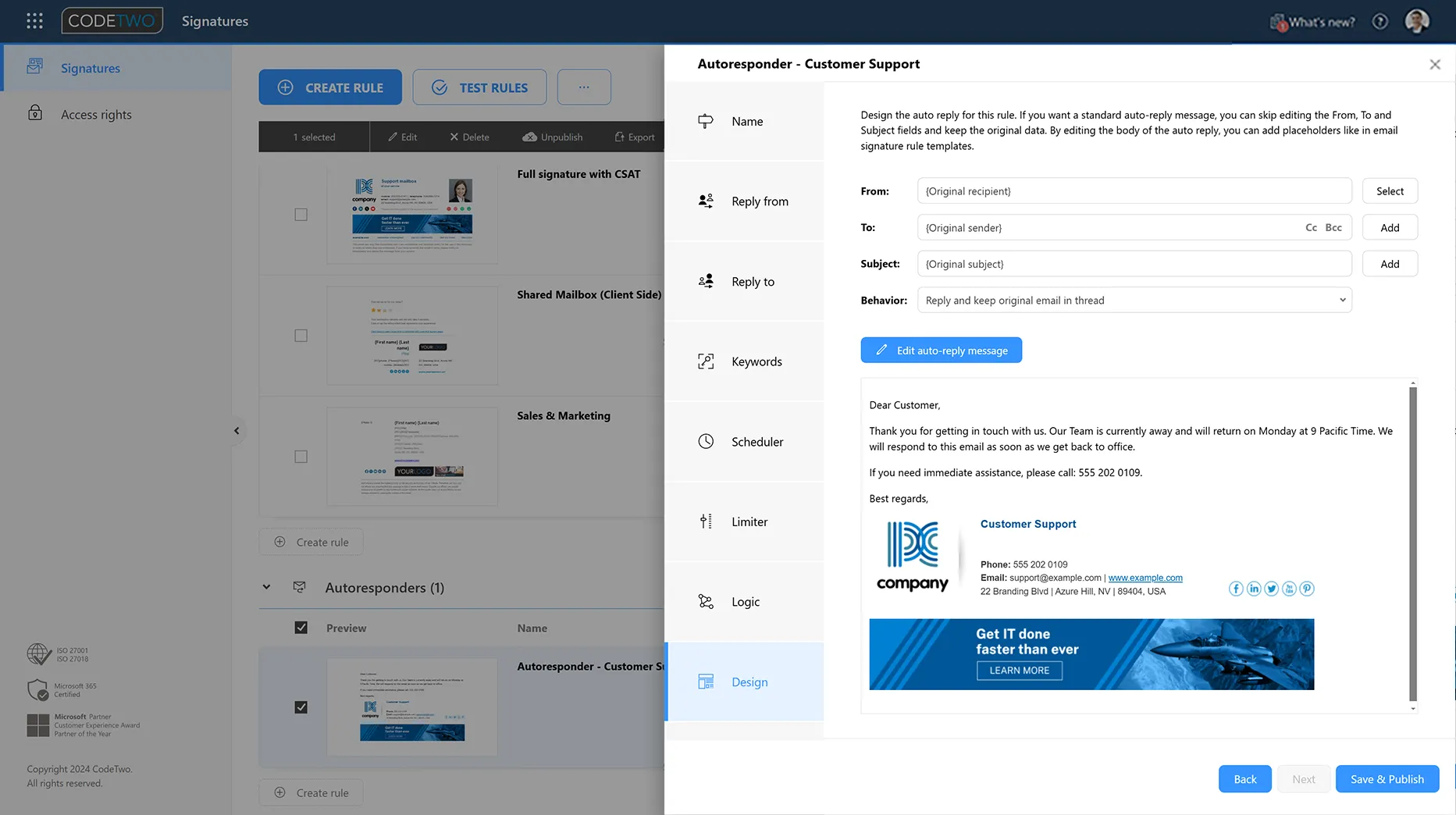 Configuração de respostas automáticas e mensagens de ausência no CodeTwo