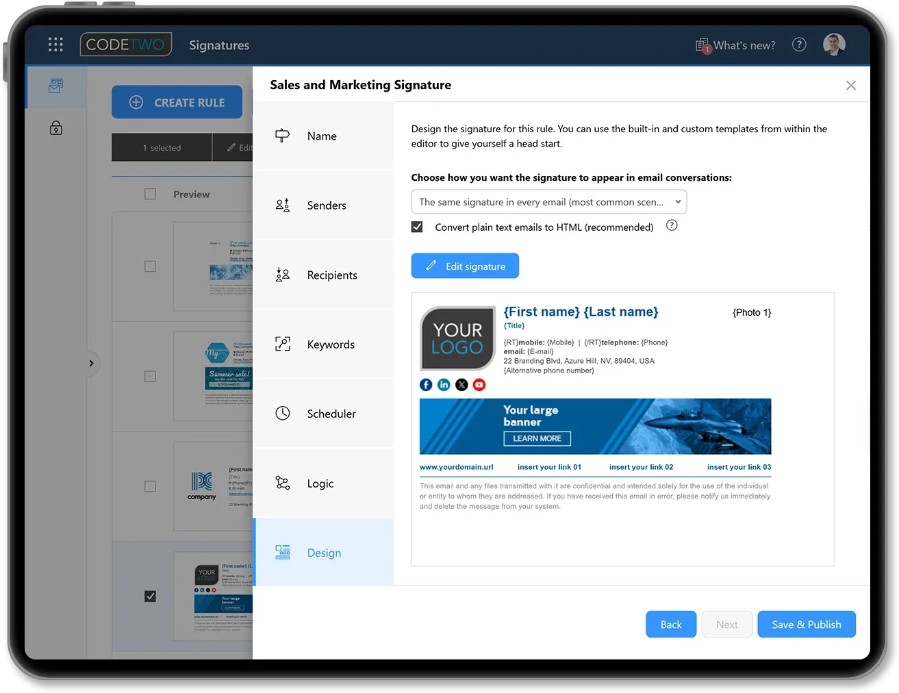 O CodeTwo a funcionar: o editor de regras com pré-visualização de assinatura, num tablet