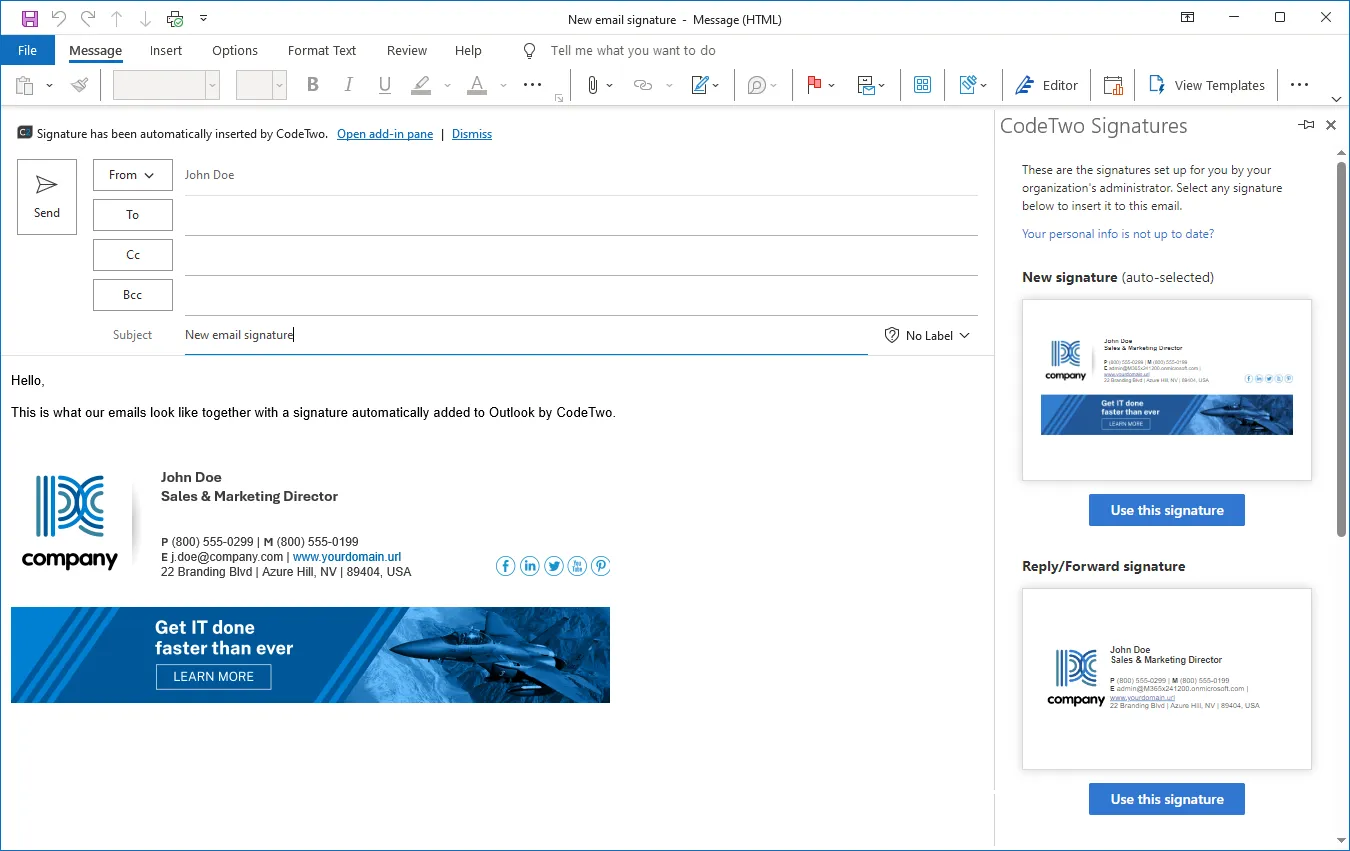 Assinatura aplicada automaticamente numa nova mensagem do Outlook